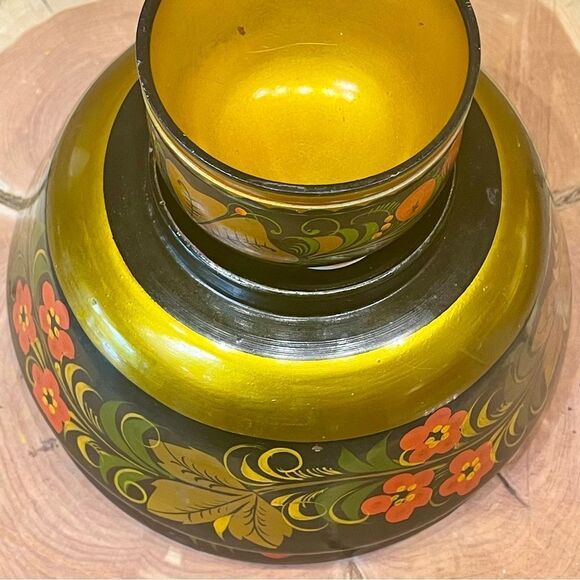 Russian Khokhloma Hand Painted Vintage Wooden Folk Art Bowl Set - Picture 6 of 16